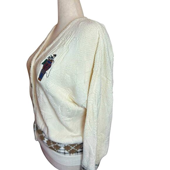 Vtg Embroidered 100% Cotton Golf Knit Cardigan Sweater XL Preppy Academia 80's - Picture 2 of 10